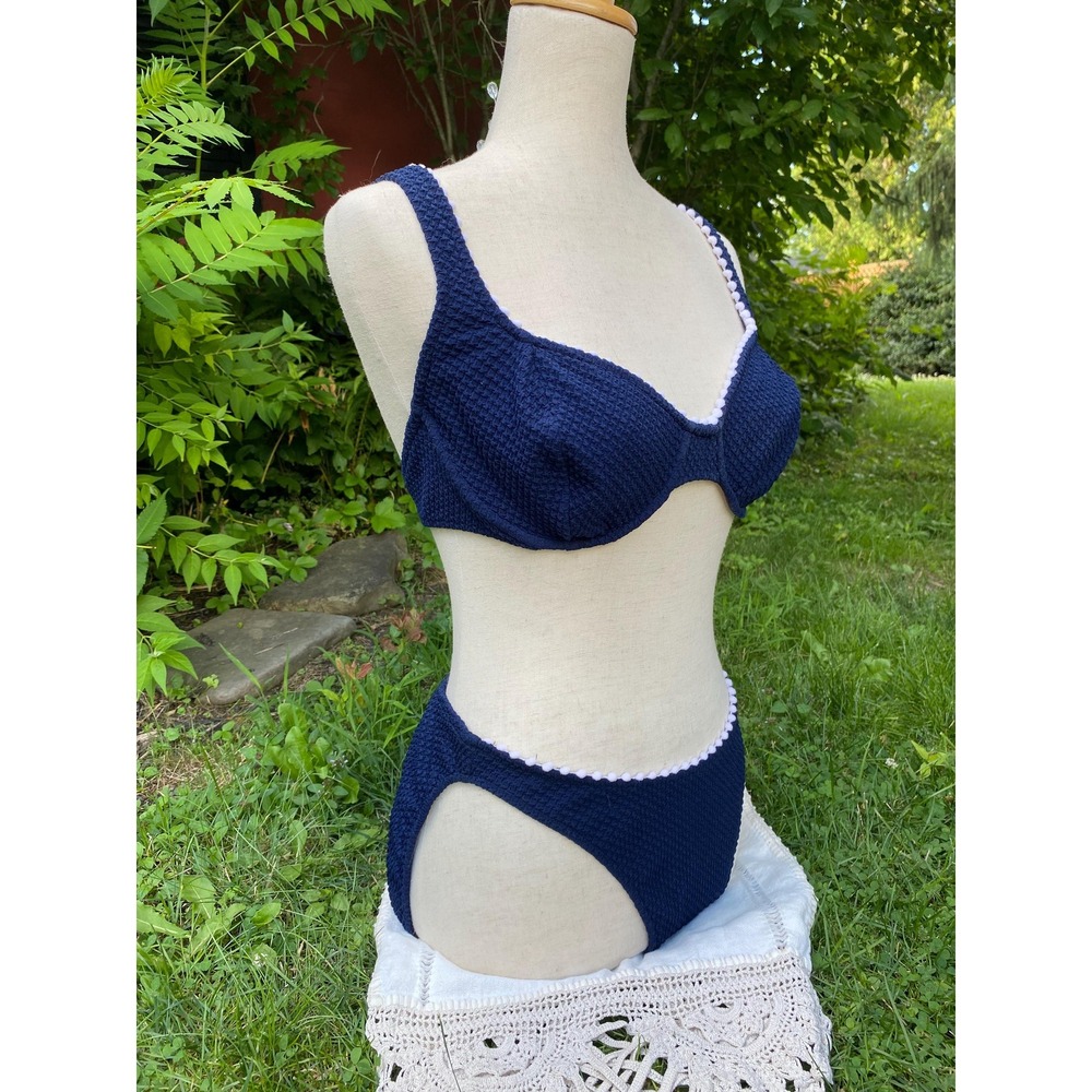 Vintage Blue bikini pinup style white trim
